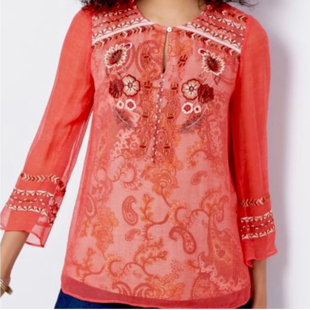 Soft Surroundings Tannon Embroidered Beaded Blouse Burnt Orange Petite Small